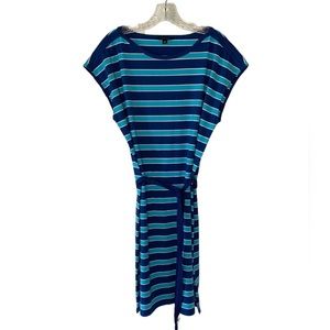 TOMMY HILFIGER Blue + White Striped Short Sleeve Belted T-Shirt Dress XL